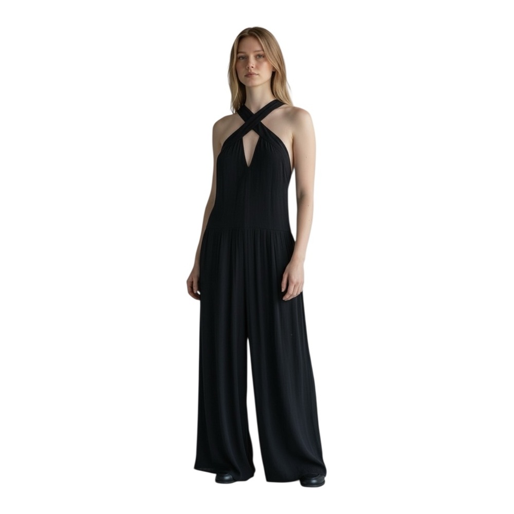 Anthropologie Criss Cross Halter Flowy Wide Leg Resort Wear Jumpsuit
